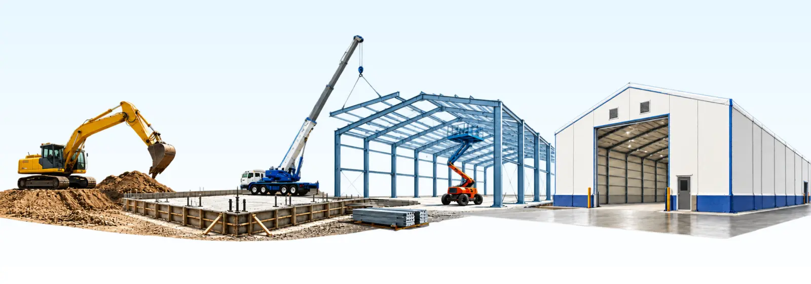 カラーで示した造成・基礎・鉄骨建方・テント倉庫完成までの一括施工イメージ