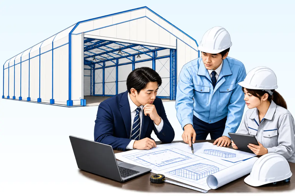 カラーで示した法人担当者と建築・土木技術者によるテント倉庫計画の打合せイメージ
