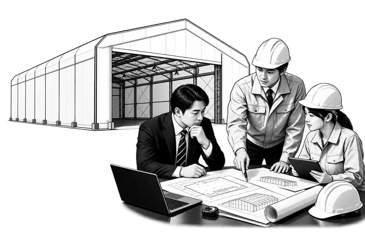 法人担当者と建築・土木技術者によるテント倉庫計画の打合せイメージ